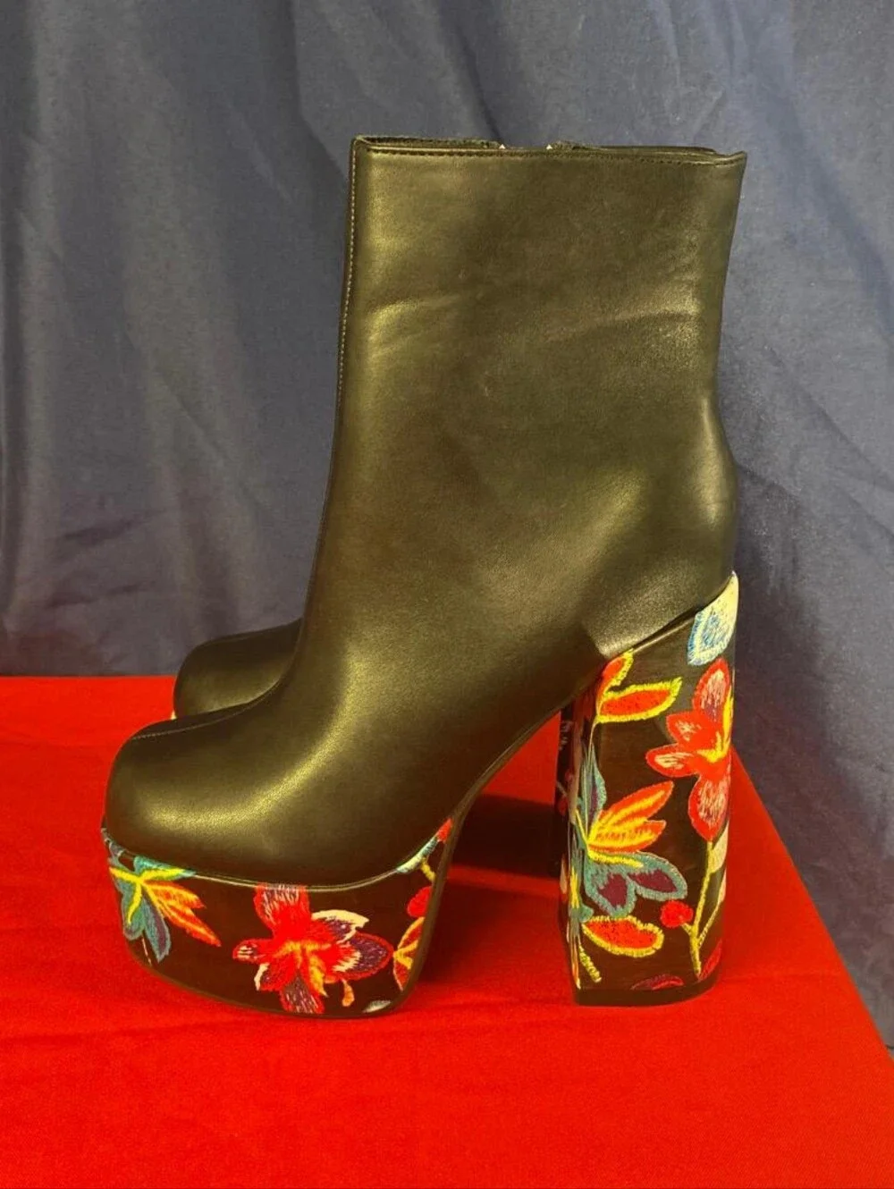 Floral Embroidered Platform Ankle Boots Black Chunky Block Heel Size 37Option